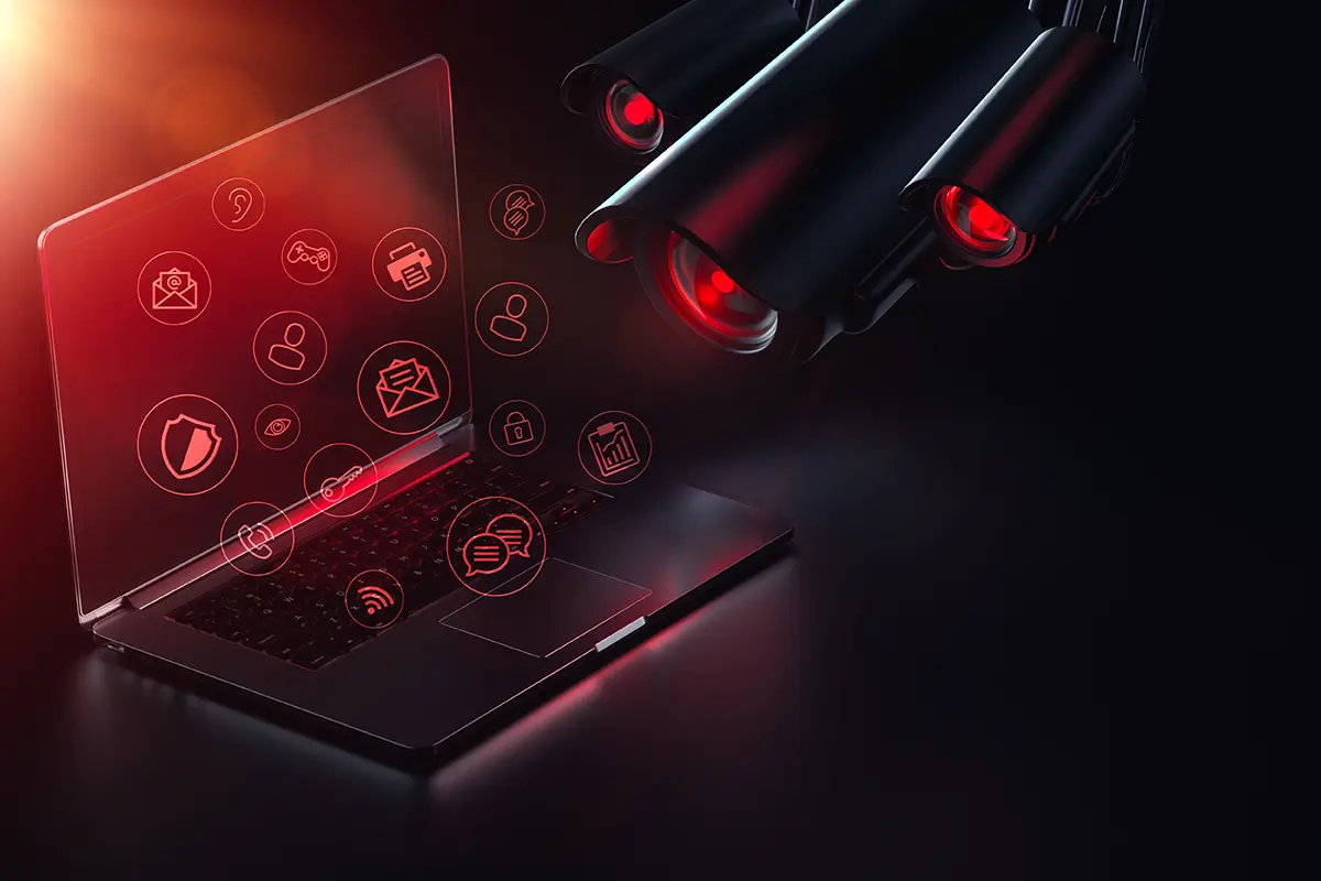 Fondo color negro, una computadora abierta y videocámaras de seguridad con focos rojos apuntando a la pantalla indicando que filtran datos personales de clientes de Wyze compañía de cámaras de seguridad.