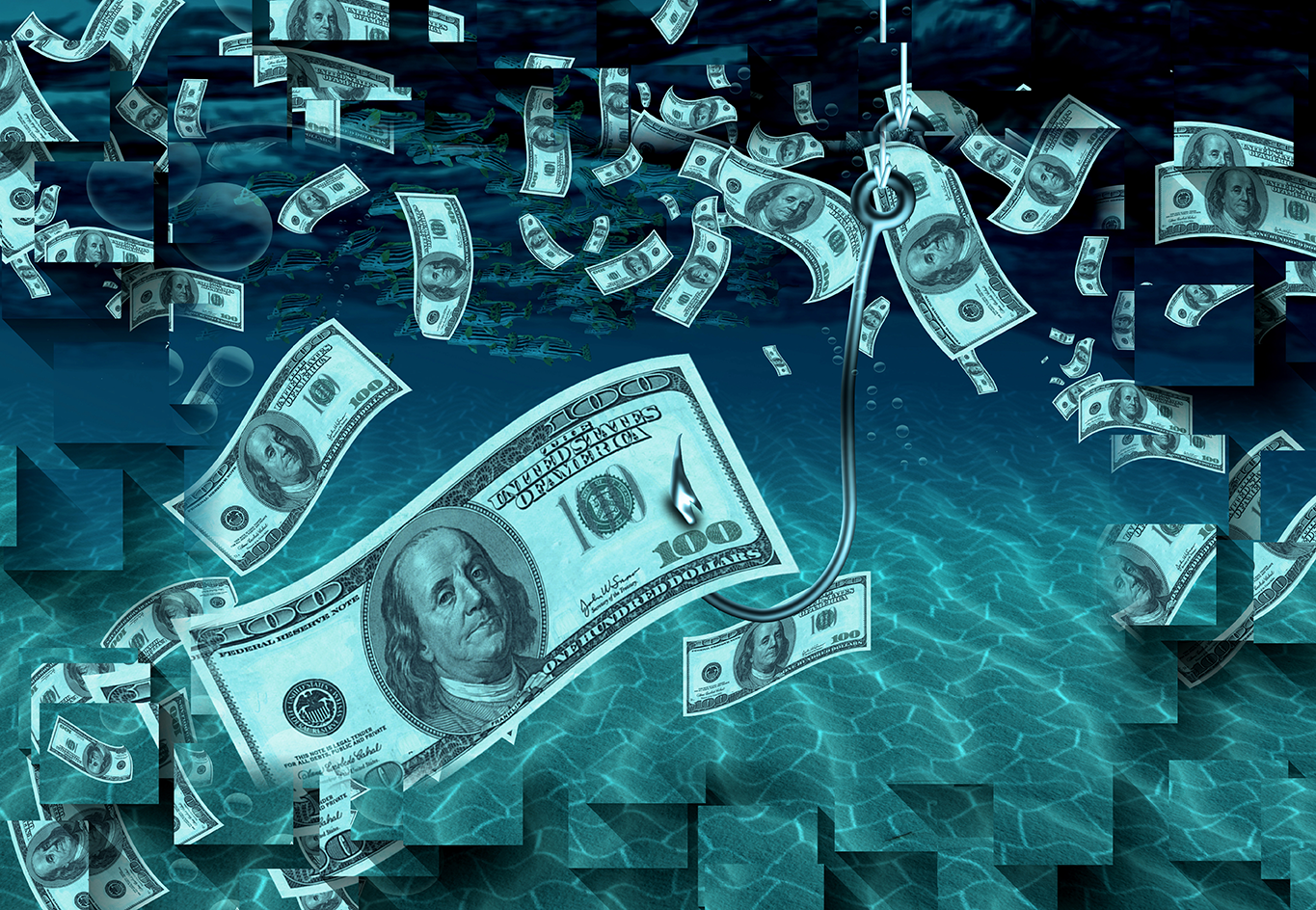 Muchos dólares flotando en el agua con un gancho de caña de pescar agarrando un dólar, representando como Airbnb reportó pérdidas millonarias
