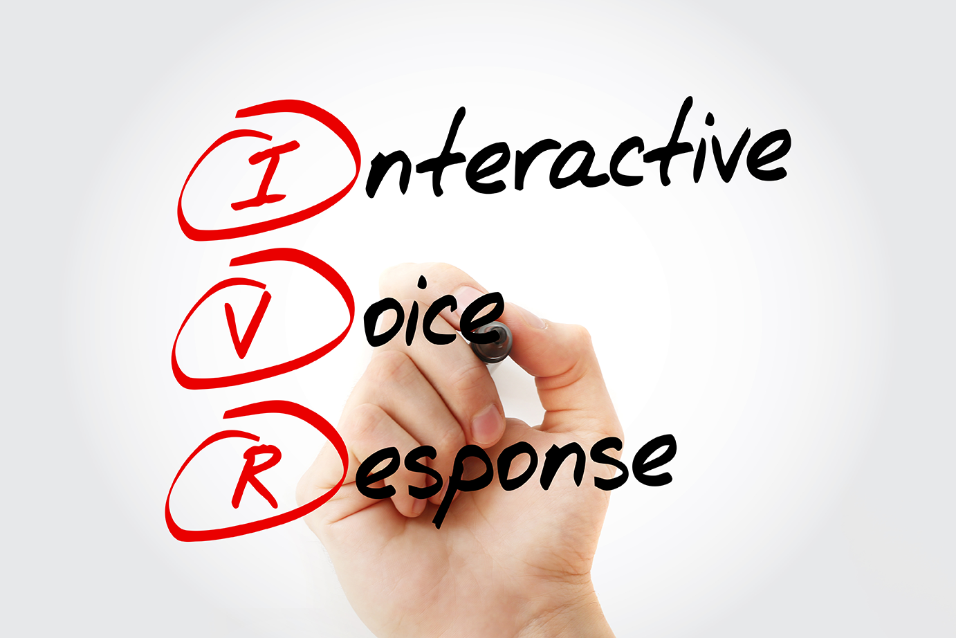 Mano escribiendo las iniciales I de interactive, V de voice y R de response, que son las cosas que hay que tener en cuenta al elegir un sistema de respuesta de voz interactiva