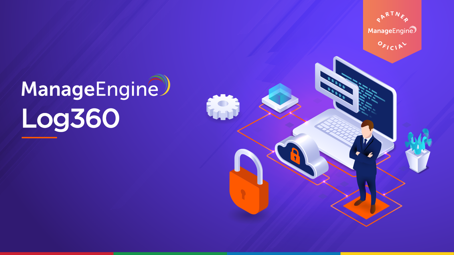 Imagen animada con un ingeniero una computadora un candado de seguridad y el título de Manage Engine Log360 como herramientas de registro y control de logs