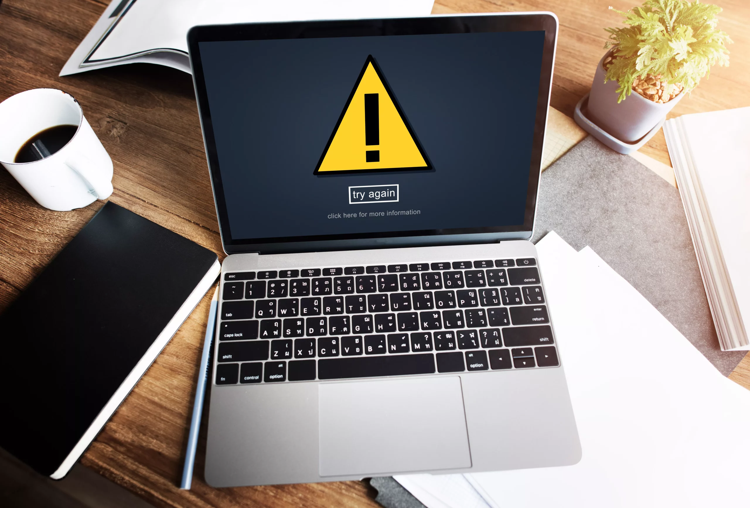 computadora sobre escritorio con un signo de precaución en la pantalla, representando la falla de Slack que dejó sin servicio a sus clientes.