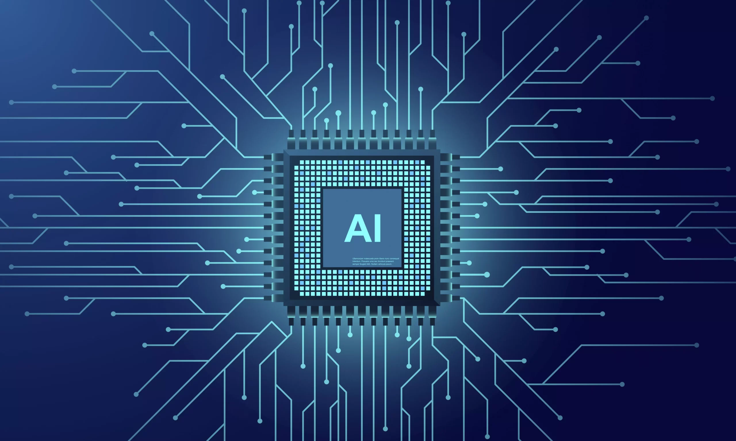 Fondo azul con nodos de red y un cubo con las inicialse AI, representando la inteligencia artificial en los departamentos de TI