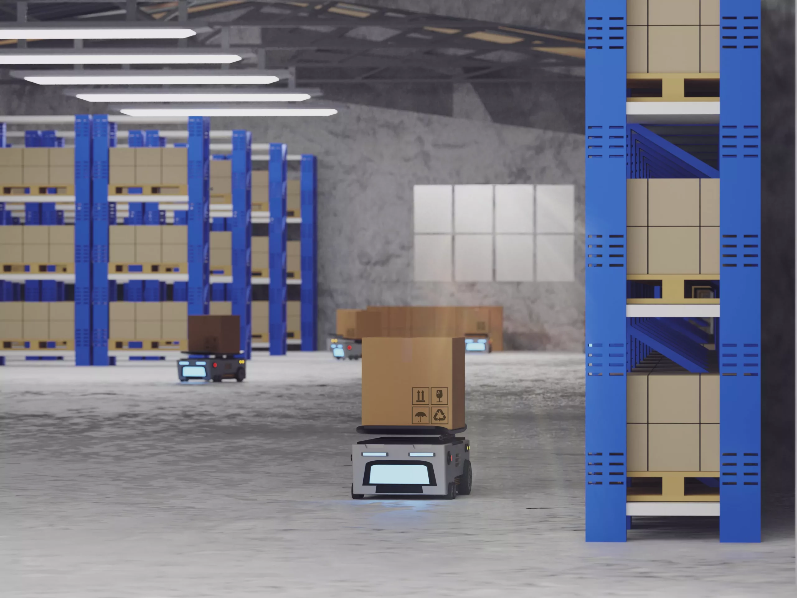 Bodega con varias cajas almacenadas y una caja sobre una báscula. Panasonic prueba en Japón robots para hacer entregas