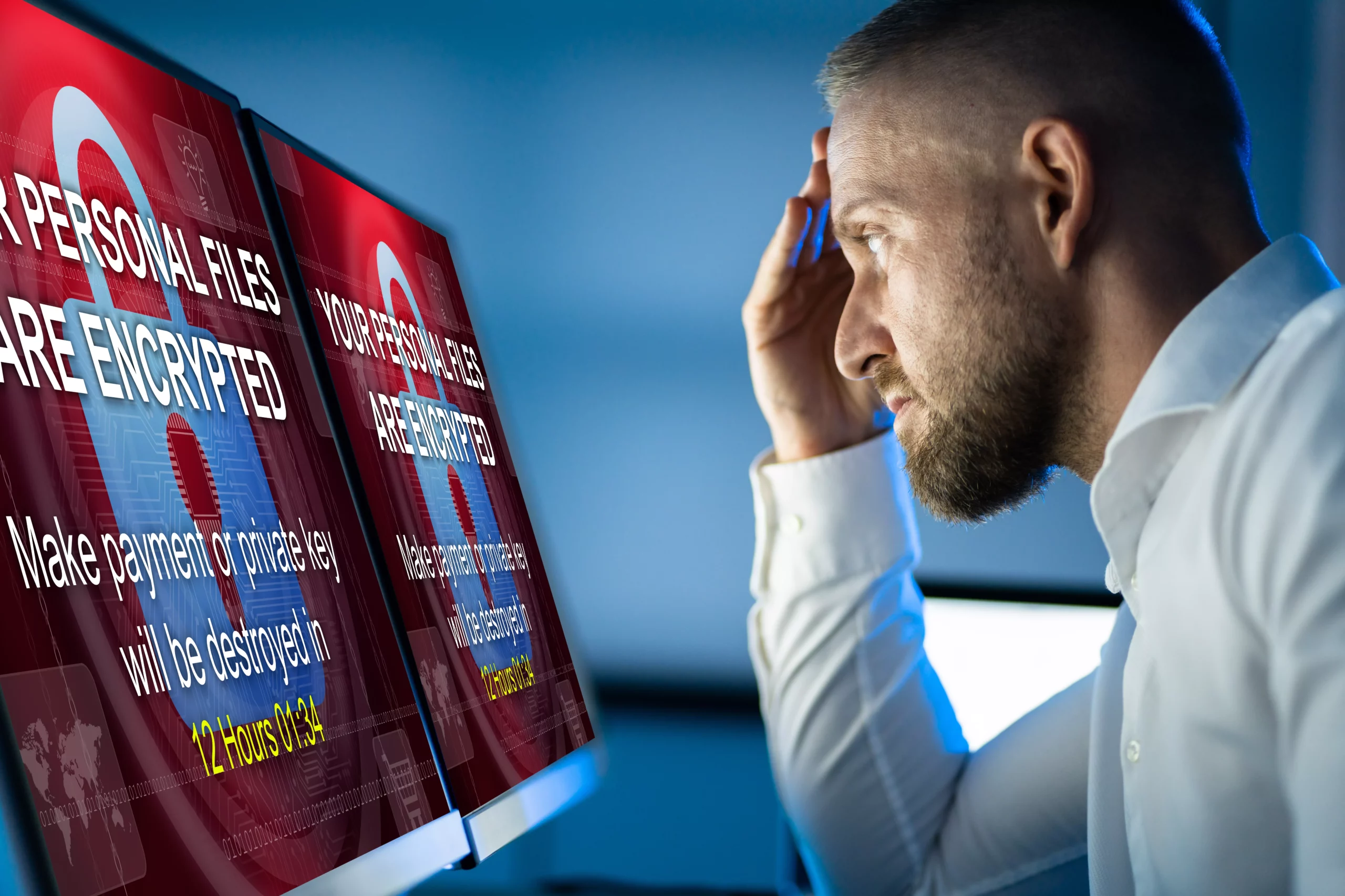 Persona frente a pantalla de computadora viendo ataques cibernéticos en home office