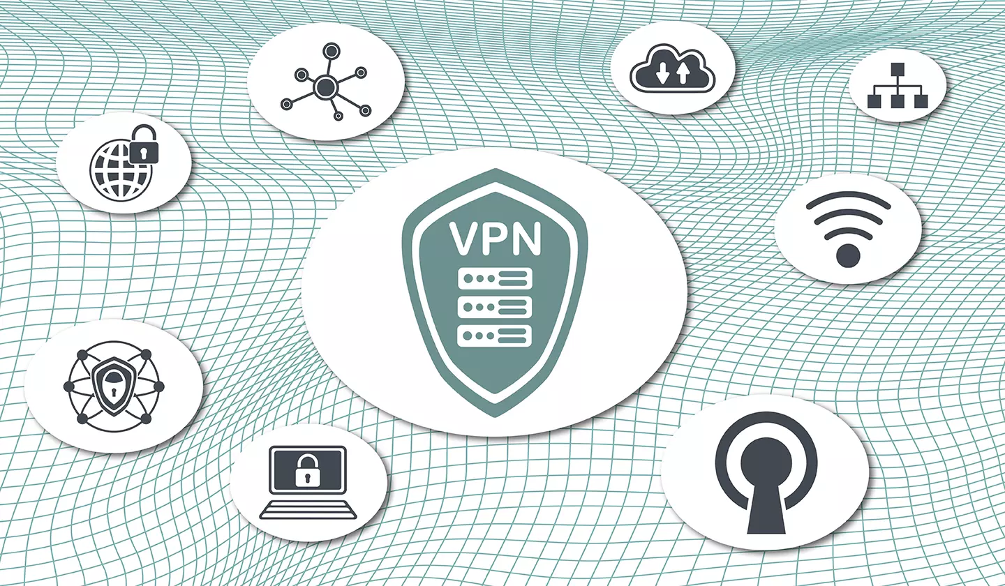 Ilustración de VPN al centro y alrededor íconos de conexiones de red representando las 5 Malas prácticas que impactan en la ciberseguridad.