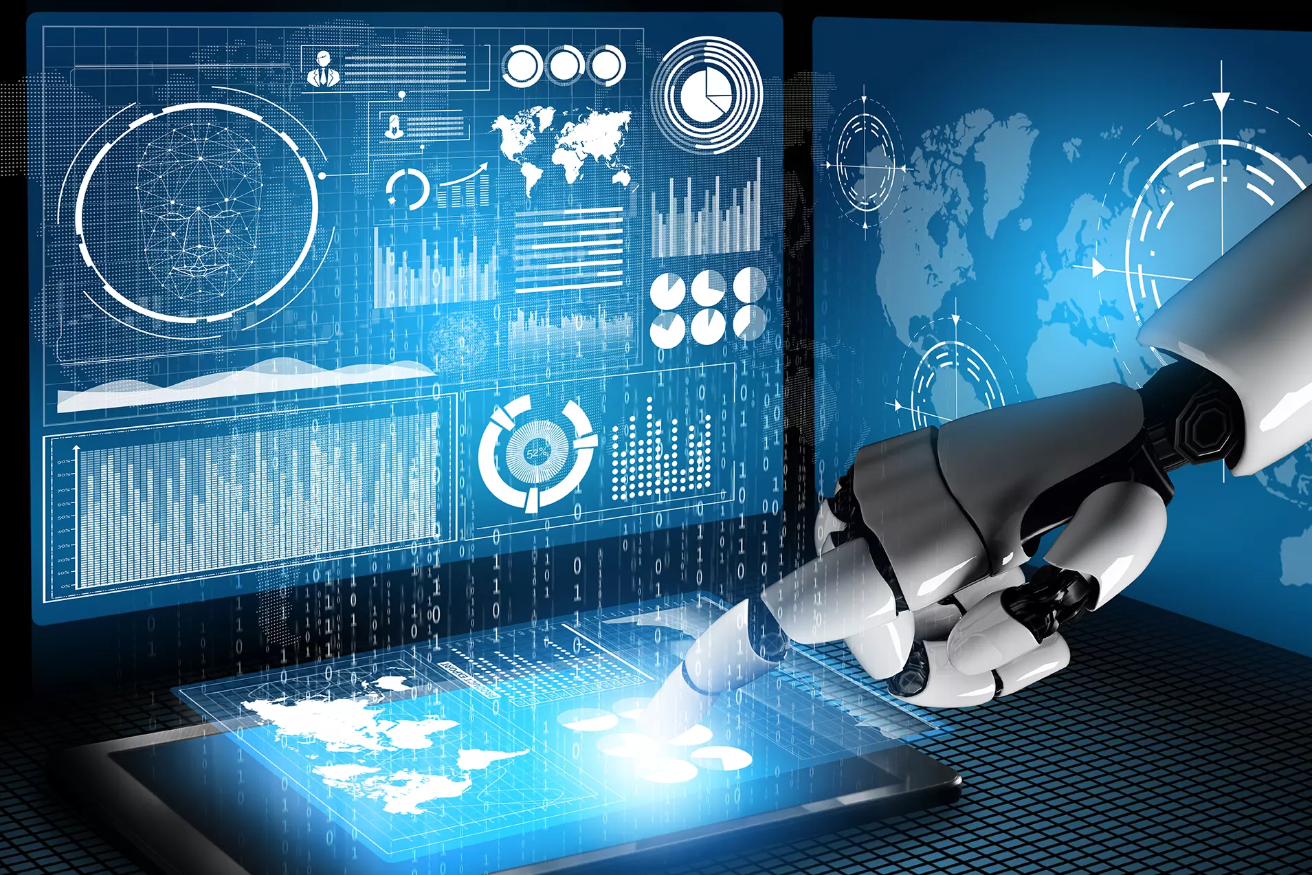 Pantallas de computadoras y tabletas mostrando información digital manipulada por la mano de un robot, indicando cómo la transformación digital está cambiando a las soluciones de ITSM