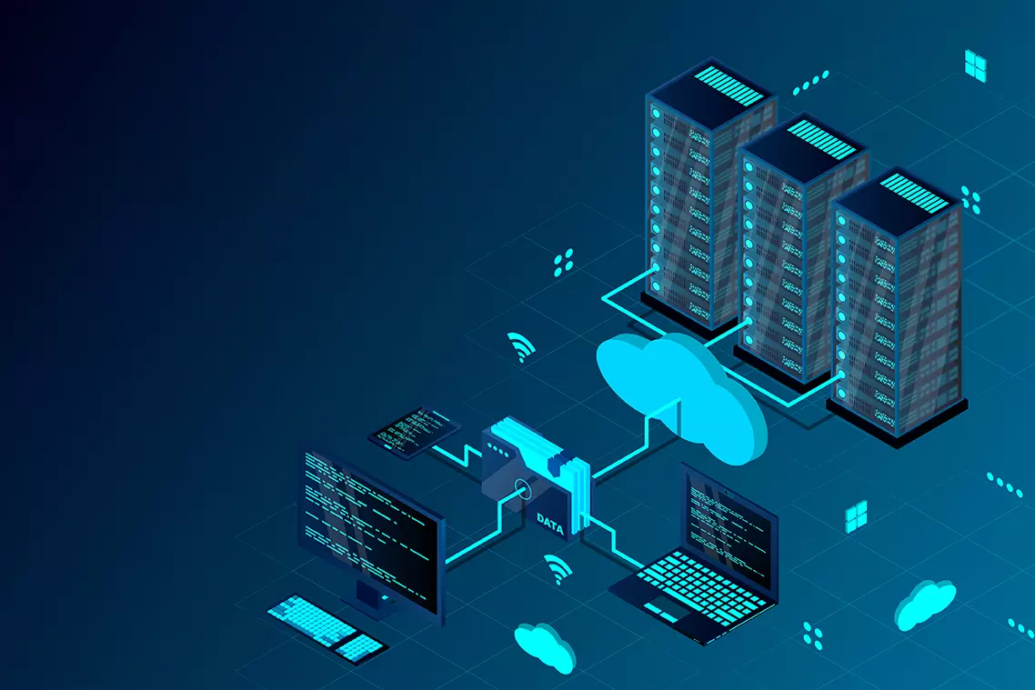 ilustración de computadoras conectadas a la nubes y a servidores, mostrando la gestión de activos a CMDB