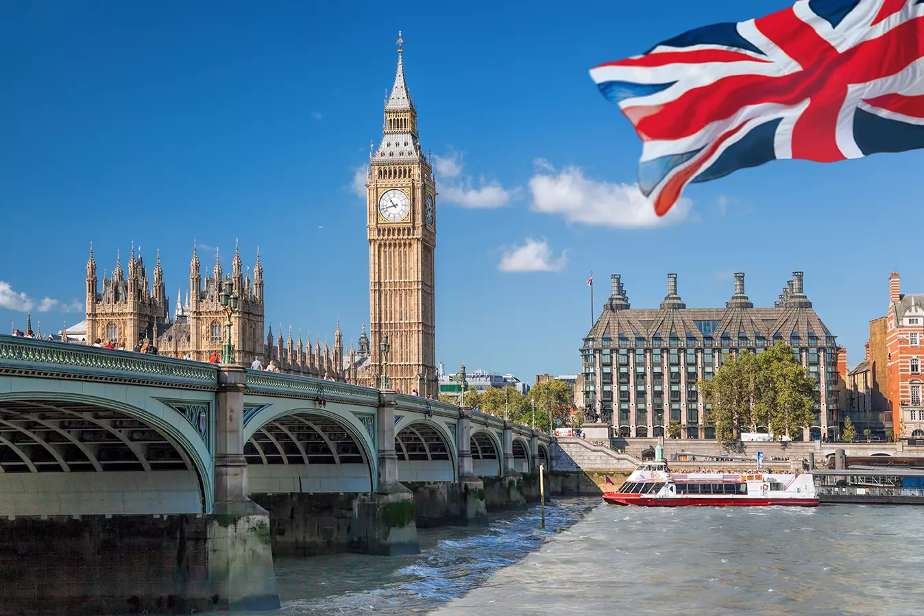 Reloj y bandera de Londres, representando que El Reino Unido tendrá taxis y autobuses autónomos.