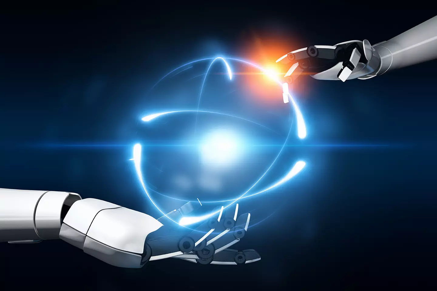 Manos de robots en medio una esfera digital, mostrando los pasos estratégicos para incorporarse a la industria 4.0
