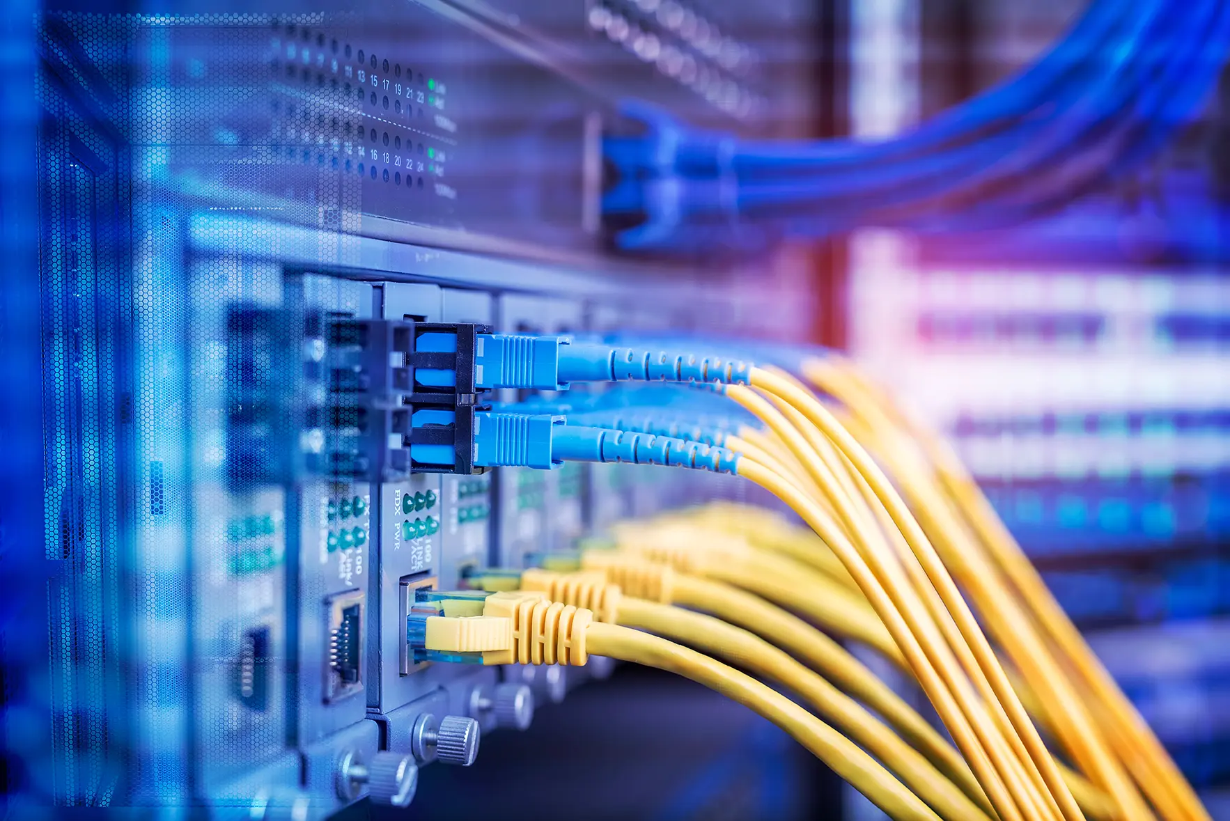 Cables de red conectados a un servidor mostrando los 5 tipos de virtualización exitosa en los departamentos de TI.