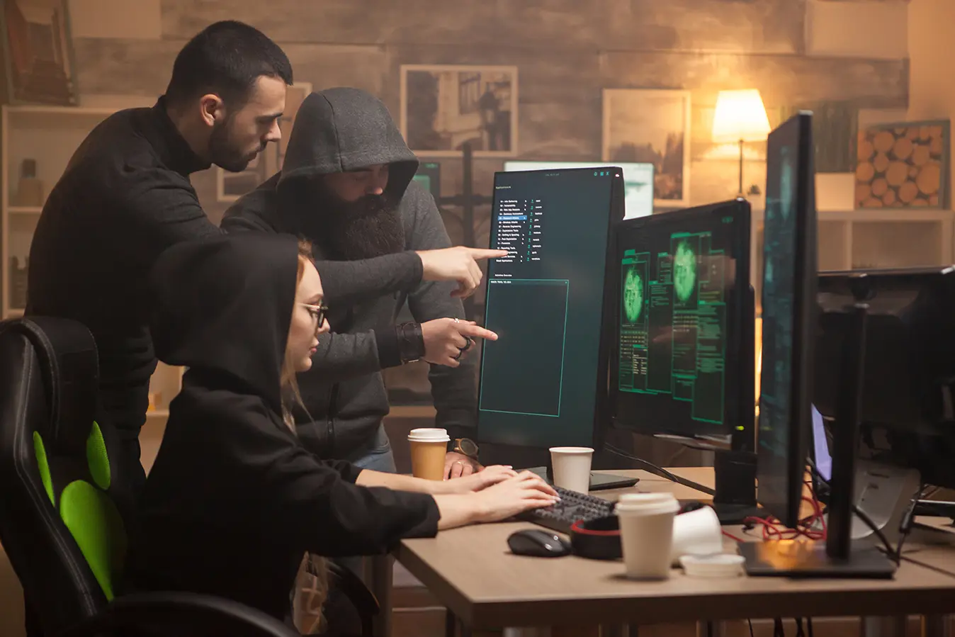 Tres Hackers frente a computadora viendo información en pantalla de computadora mostrando que Hackers filtran episodios de series de Netflix.