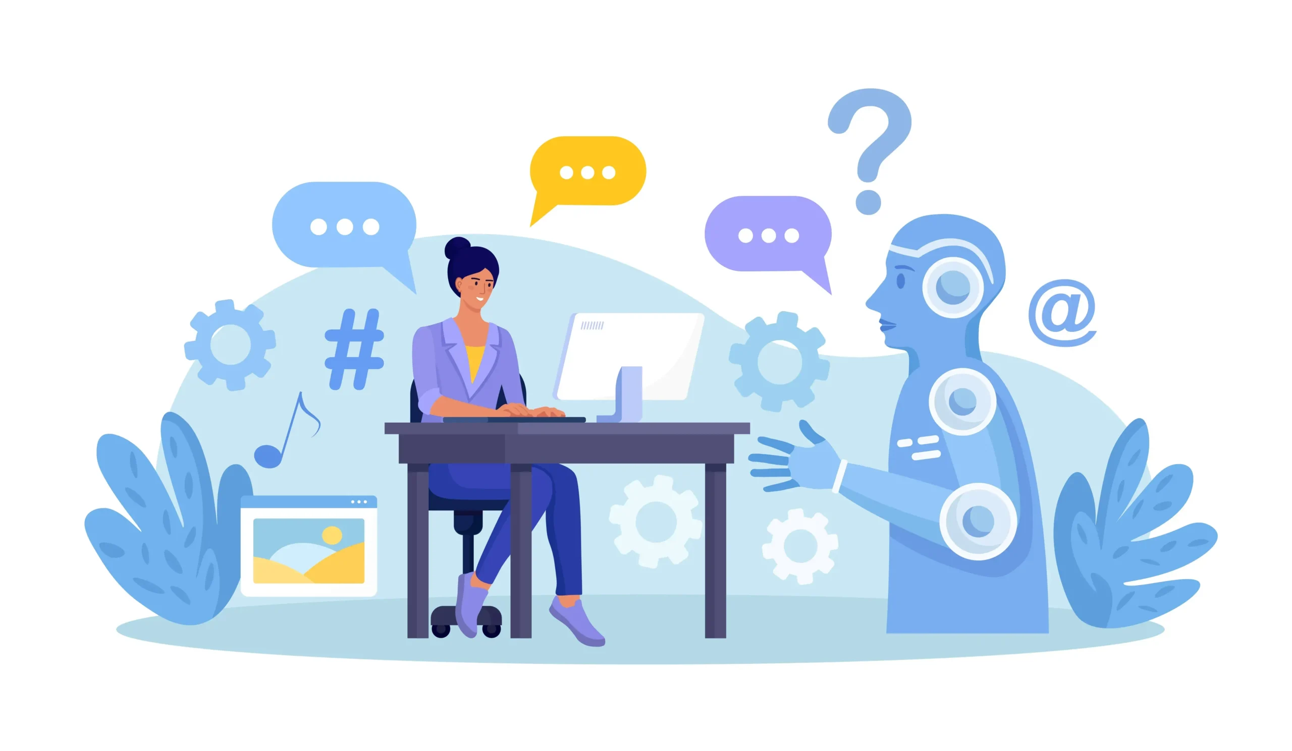 Ilustración de una mujer trabajando en su computadora frente a un robot amigable con globos de texto, representando el arte de diseñar conversaciones.