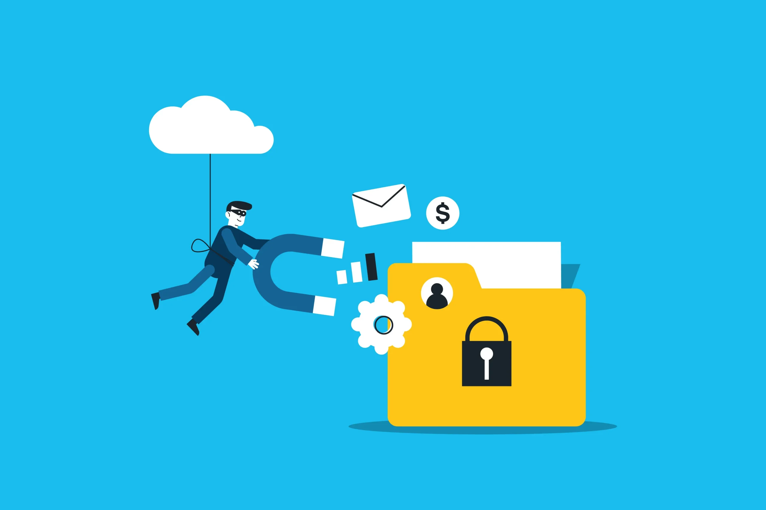 Ilustración de un hacker colgado de una nube usando un imán para robar correos electrónicos y dinero de una carpeta protegida, representando un ataque de phishing en San Valentín.
