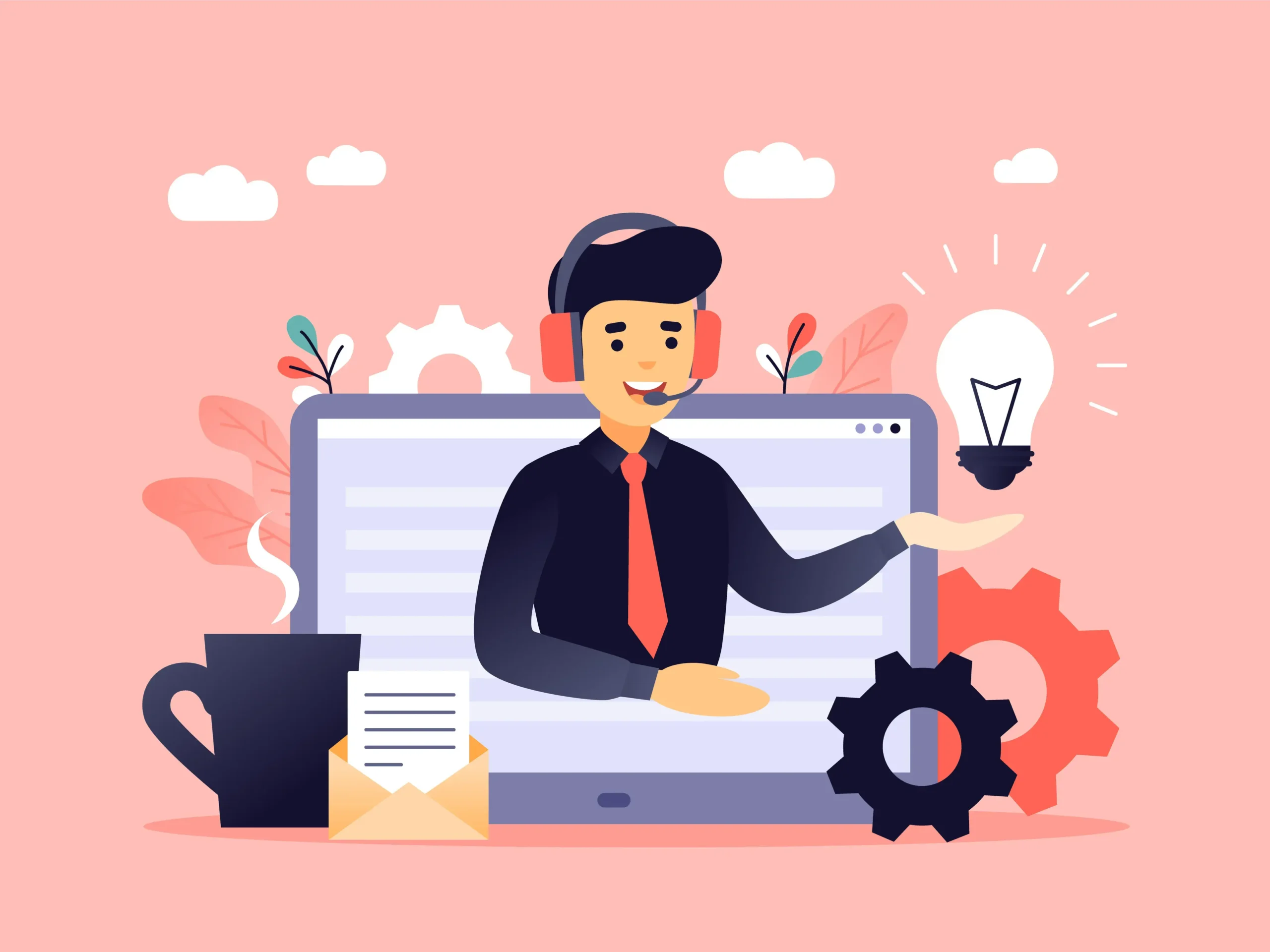 Ilustración de un analista de soporte técnico con auriculares saliendo de una pantalla, rodeado de engranajes y una bombilla, representando la solución al turnover en TI.