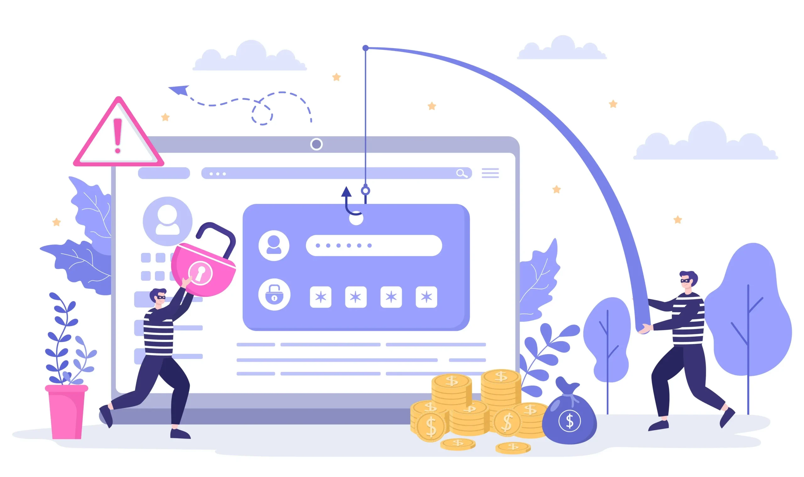 Un smartphone muestra un anzuelo digital saliendo de su pantalla sobre un fondo azul con iconos de seguridad, representando el riesgo de phishing.