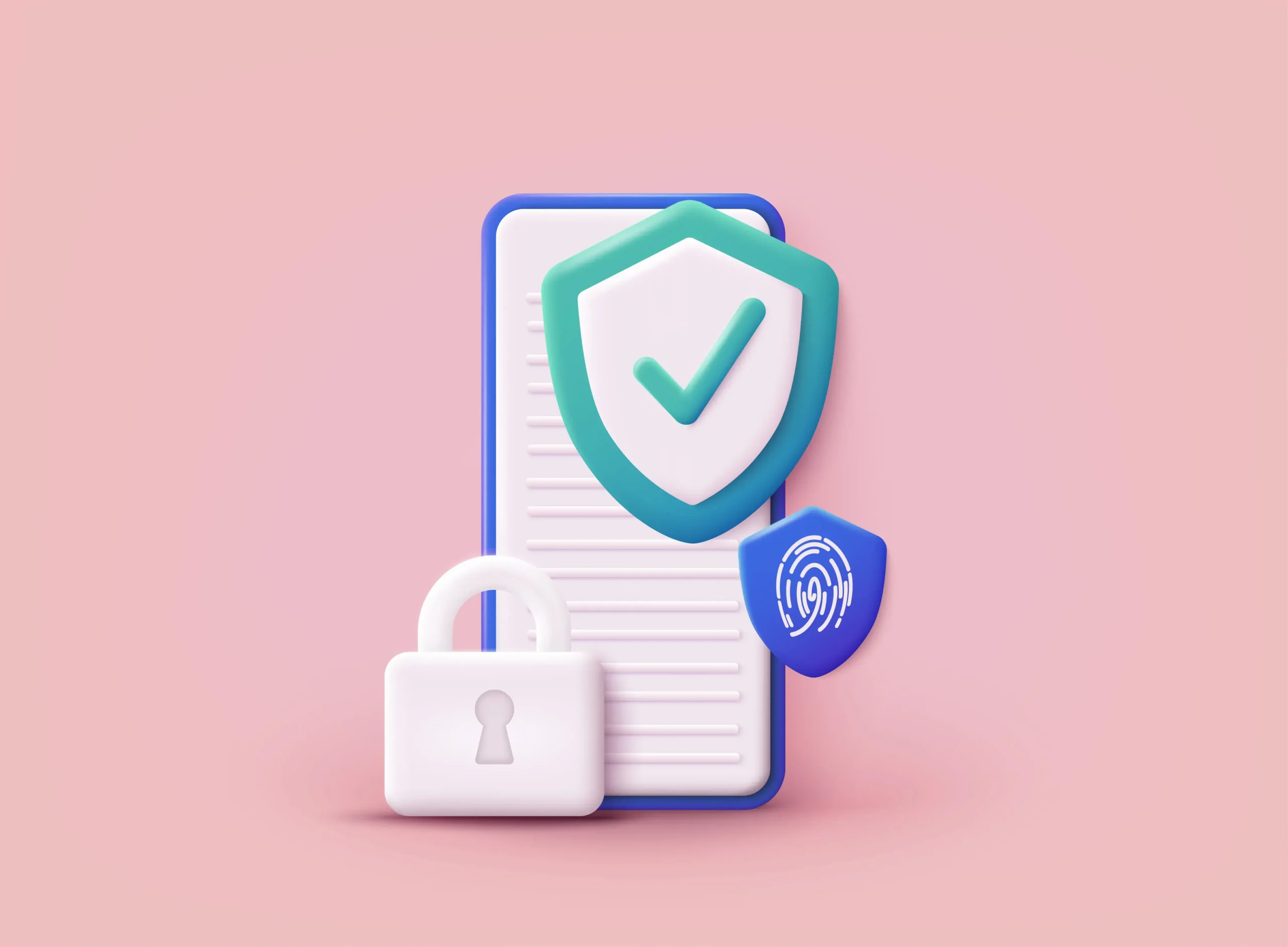 Representación 3D de un teléfono móvil con un escudo de seguridad verde, una marca de verificación, un candado blanco y un icono de huella dactilar, simbolizando la seguridad y privacidad en IA as a Service.